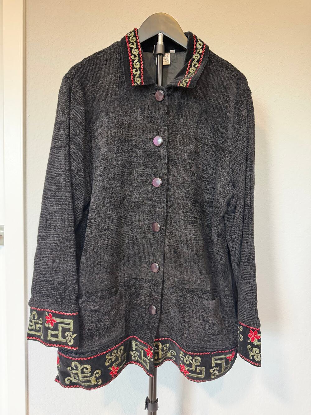 Parsley & Sage Black Embroidered Knit Button Jacket 1X Artsy Boho Eclectic